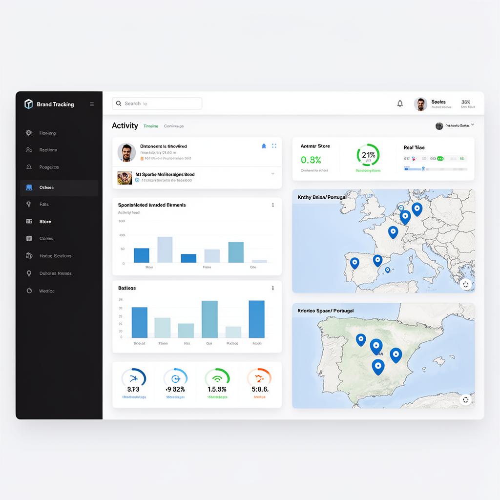 Dashboard de seguimiento en tiempo real con mapa de tiendas, gráficos de actividad y reportes fotográficos
