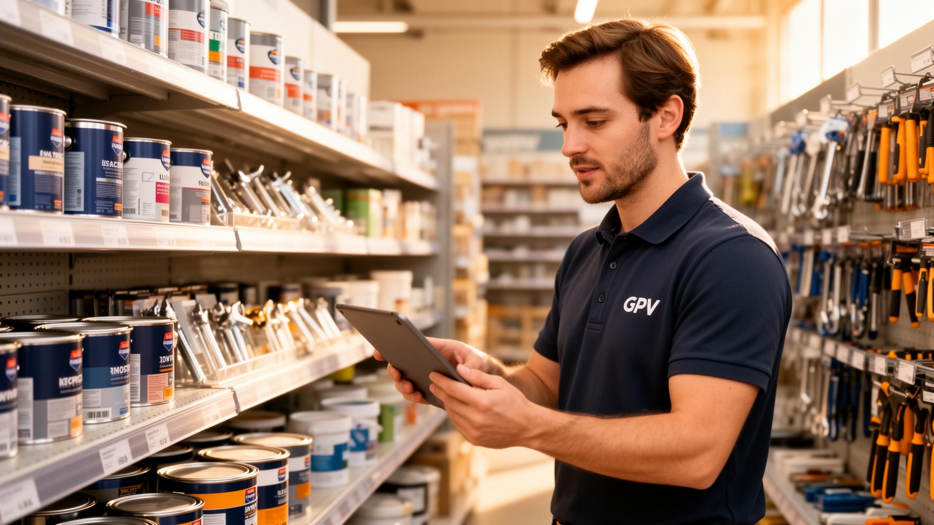 GPV revisando producto y PVPs en tienda de bricolaje con tablet